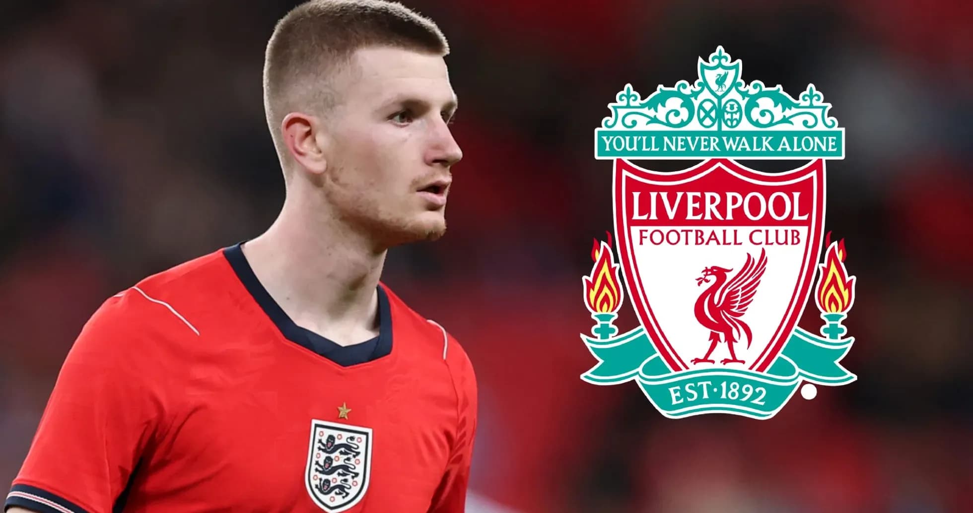 Player in England kit beside Liverpool FC logo