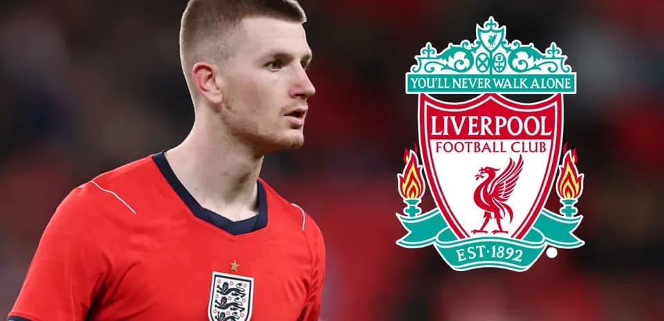 Player in England kit beside Liverpool FC logo