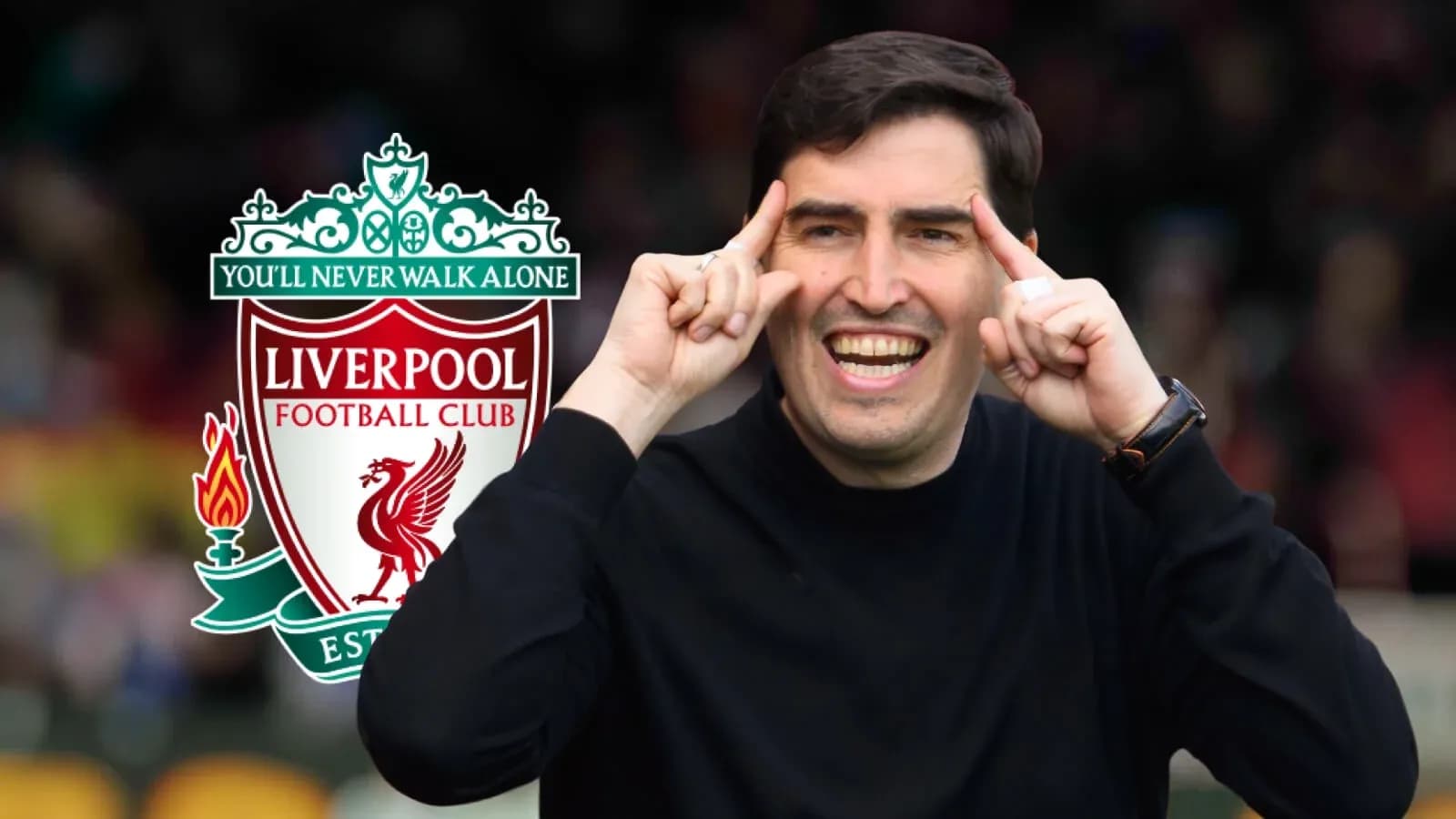 Coach celebrating with Liverpool FC logo in background