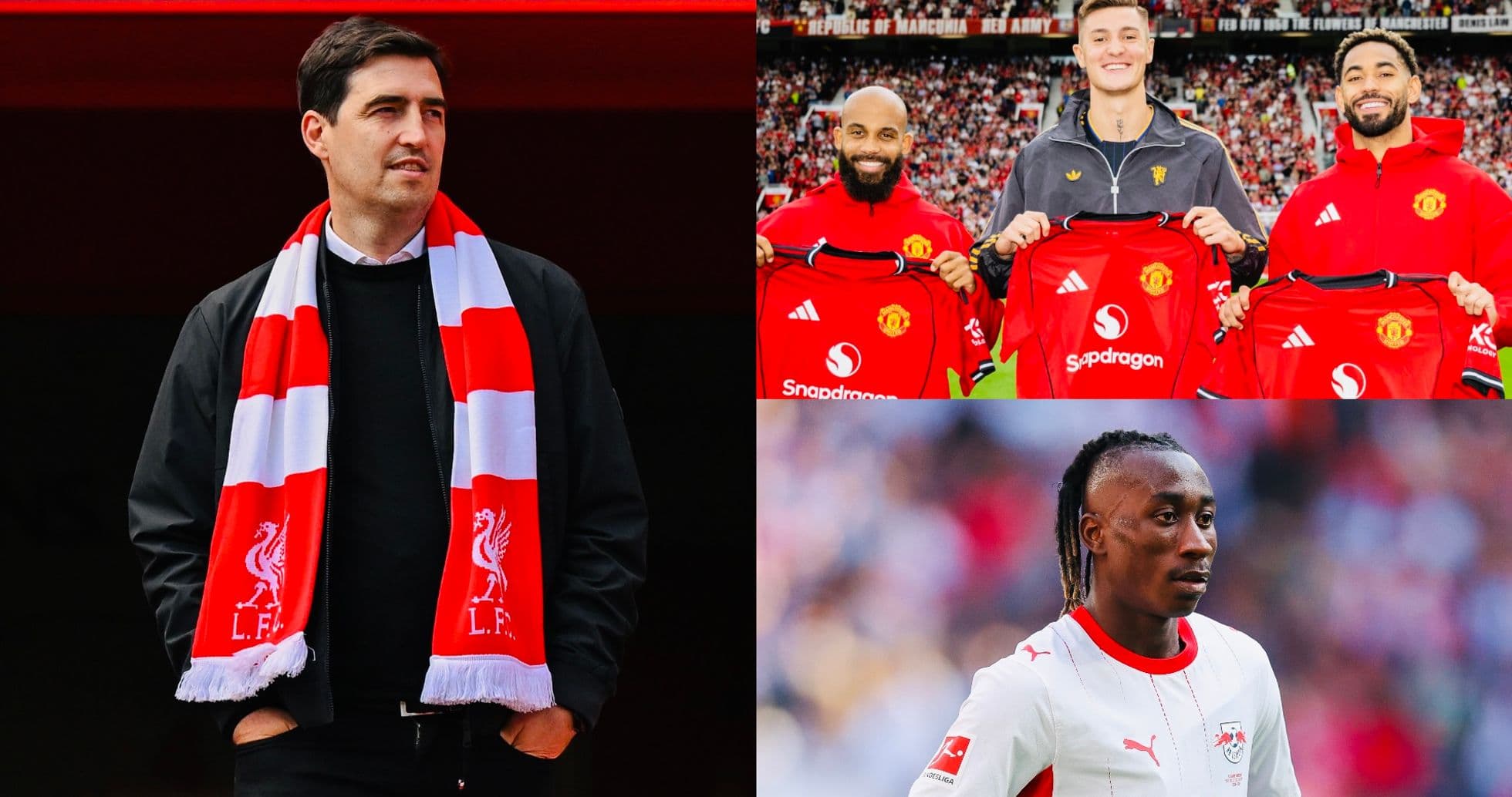 Manager in Liverpool scarf and players holding jerseys