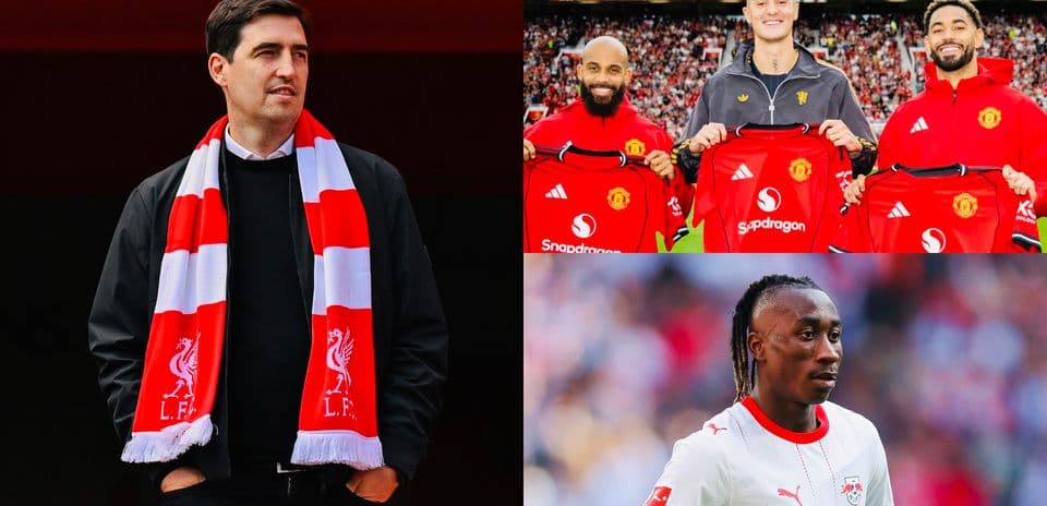Manager in Liverpool scarf and players holding jerseys