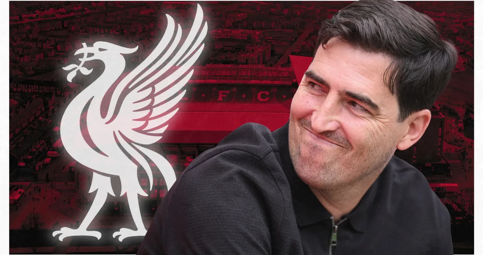Person smiling with Liverpool FC logo background