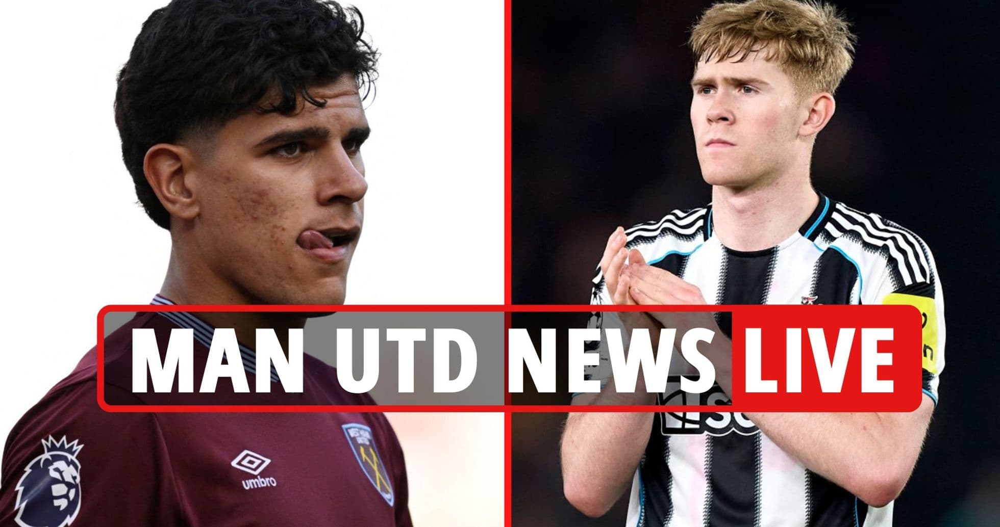 Two football players from different teams with news overlay