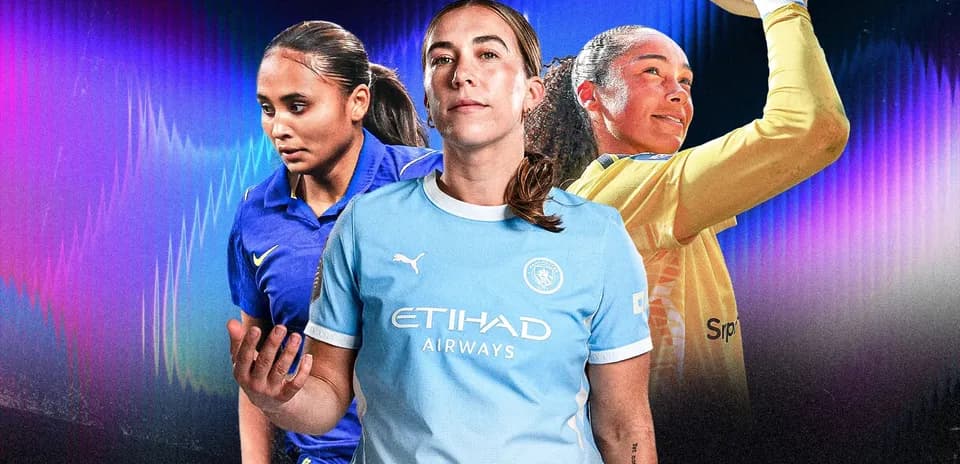 Three soccer players in different uniforms and poses