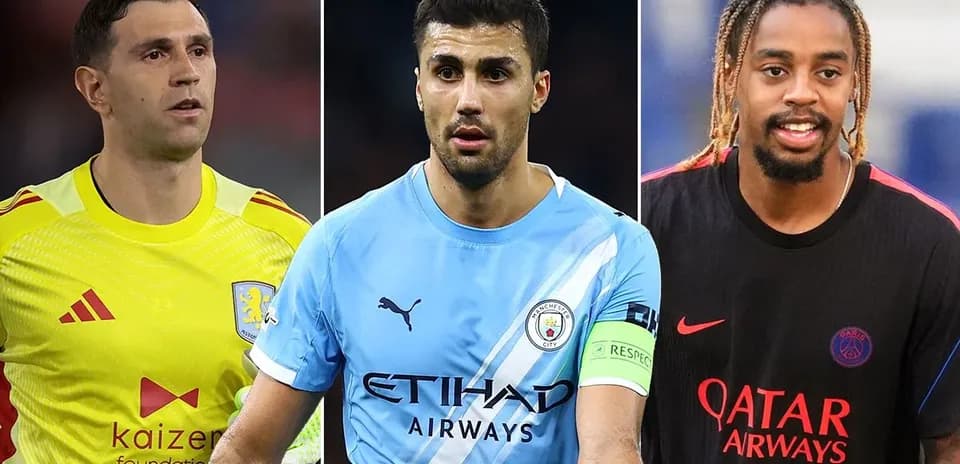Three football players in their respective team kits