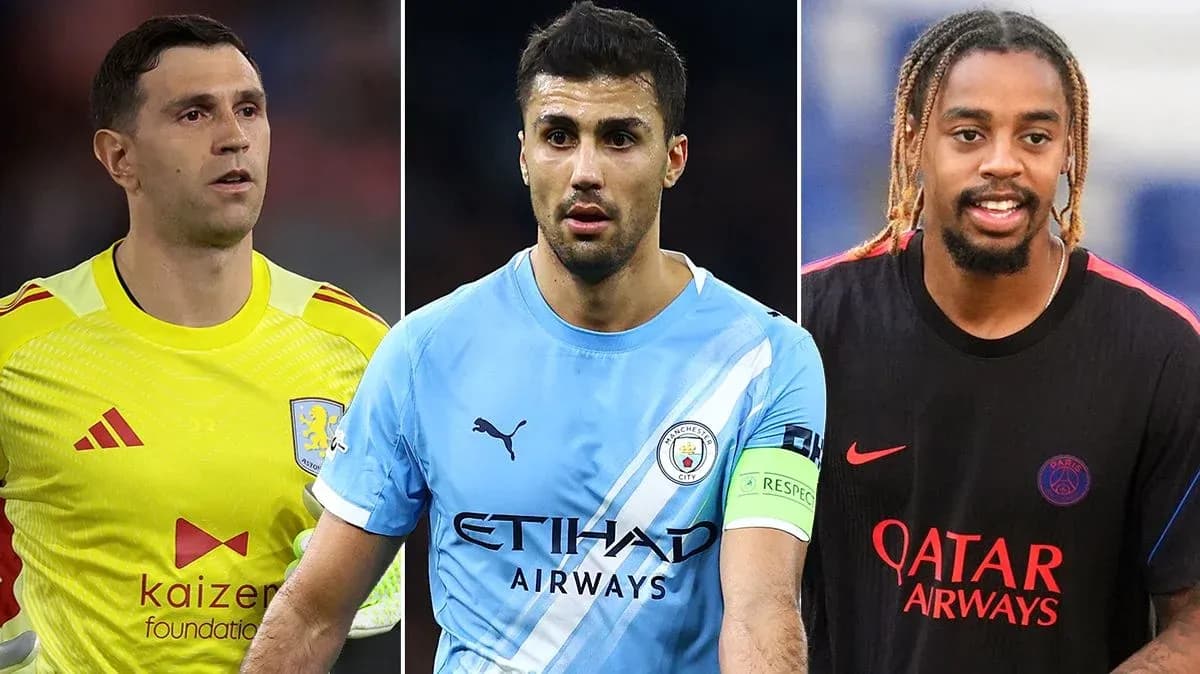 Three football players in their respective team kits
