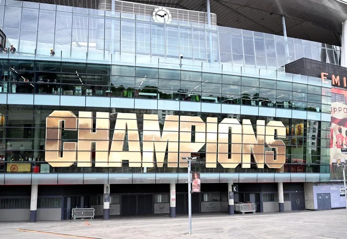 Champions sign on exterior of Emirates Stadium