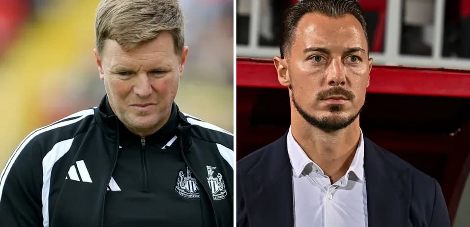 Two football managers looking serious during match