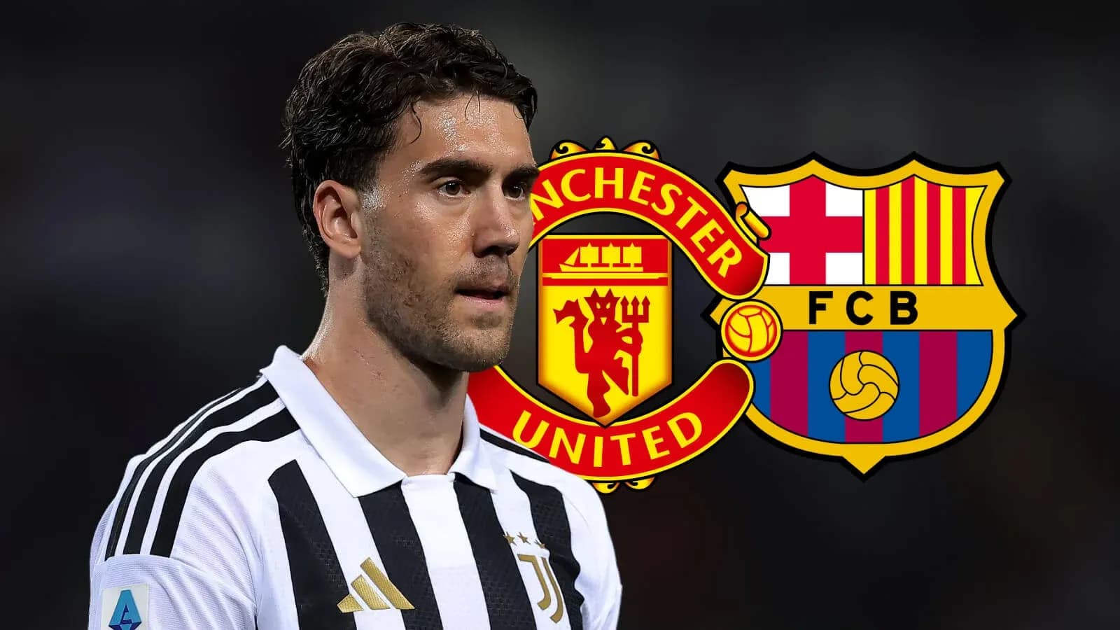 Juventus player with Manchester United and Barcelona logos