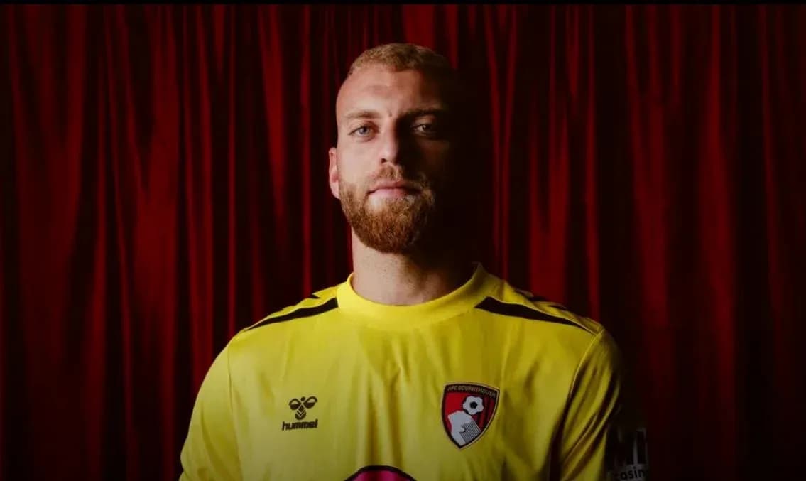 Goalkeeper in yellow kit posing against red backdrop