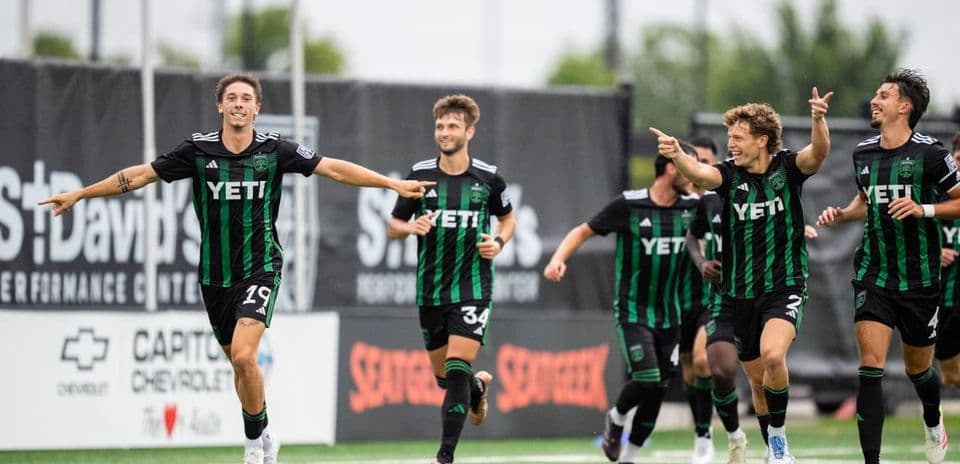 Austin FC II players celebrating a goal