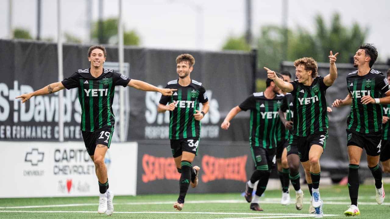 Austin FC II players celebrating a goal