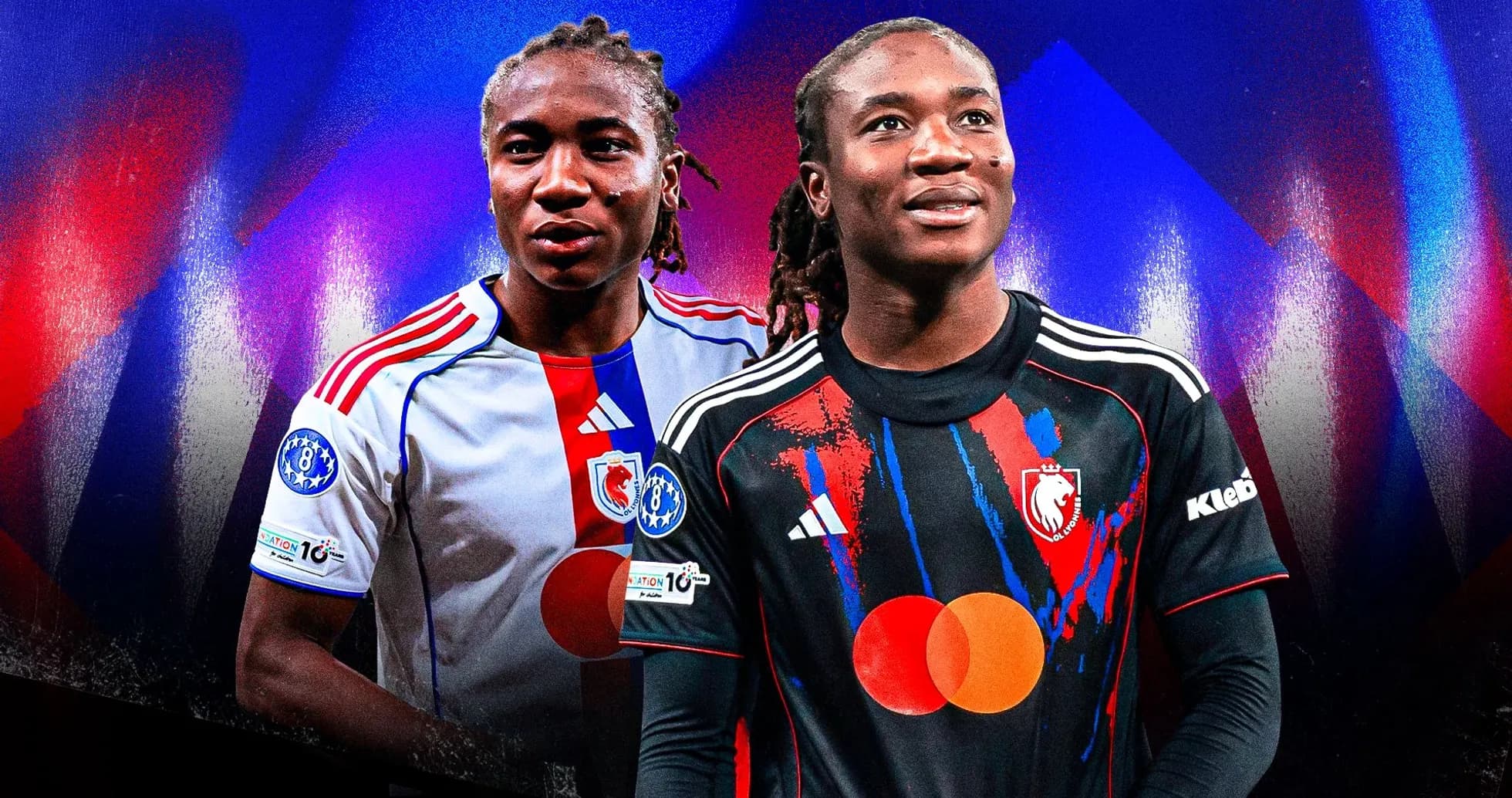 Two players in contrasting football kits posing together