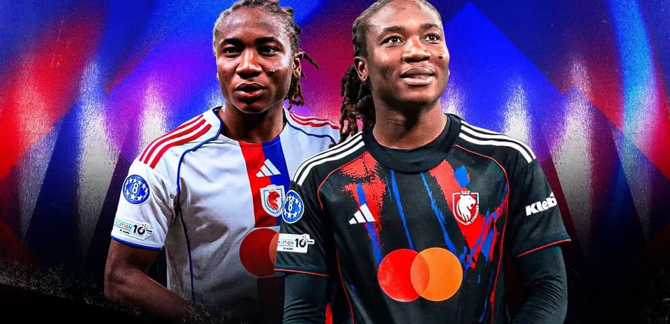 Two players in contrasting football kits posing together