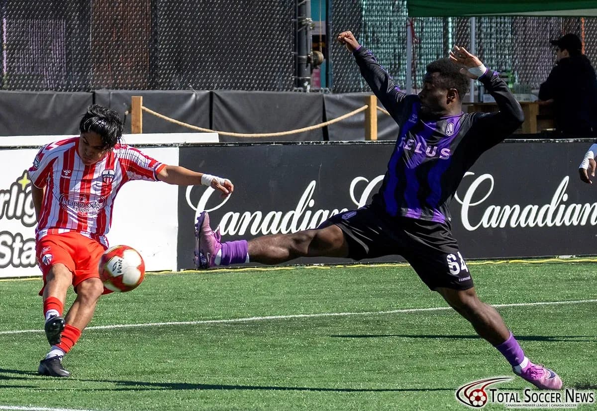 Player striking the ball during Atlético Ottawa match