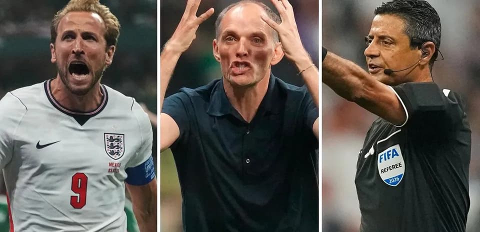 Harry Kane celebrating, Thomas Tuchel gesturing, referee signaling