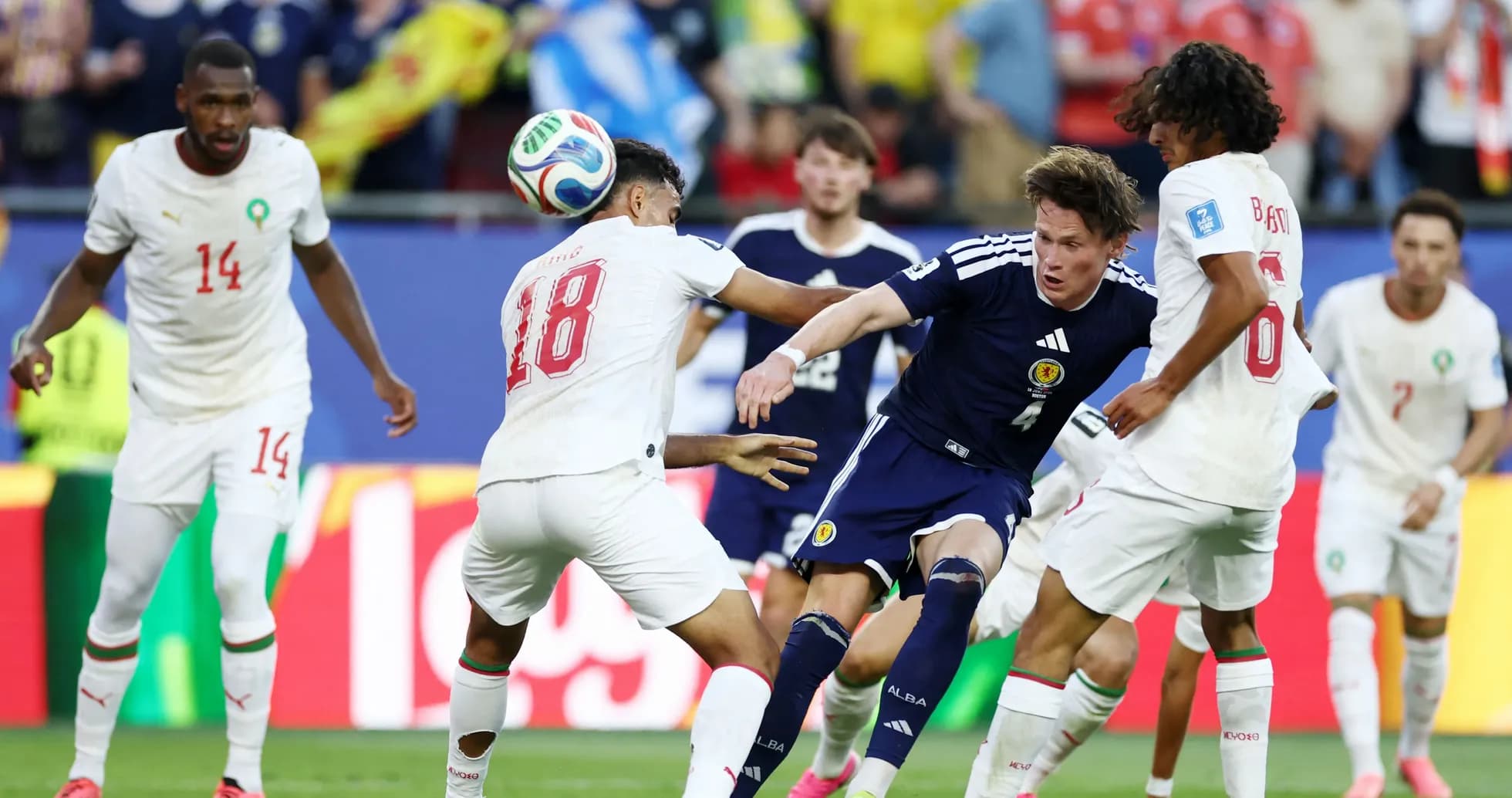 Scotland and Morocco players contesting for the ball
