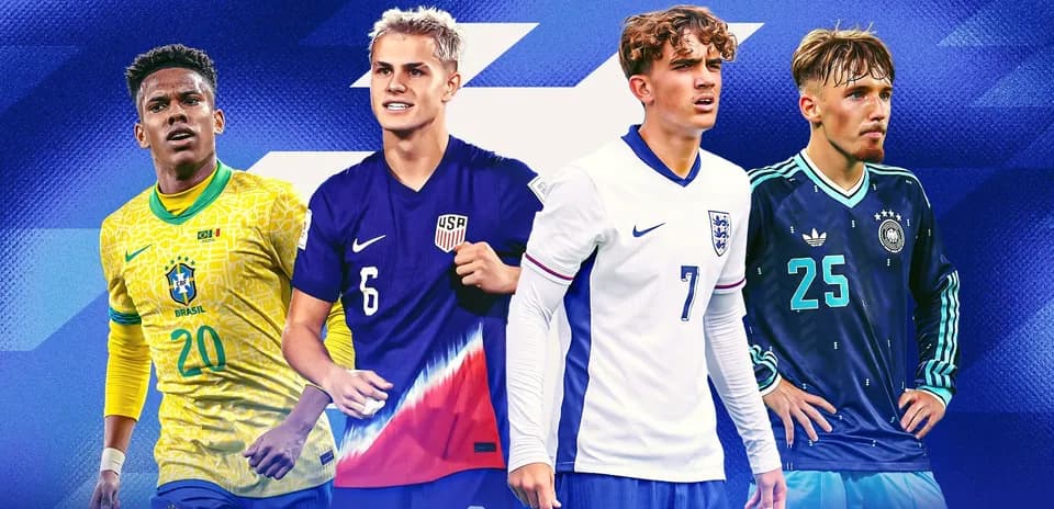 Four young football players in national team kits
