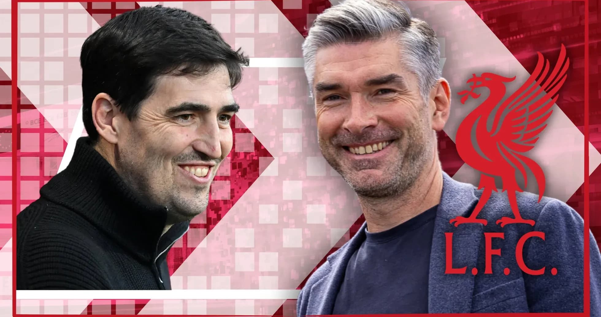 Two coaches smiling against a red background