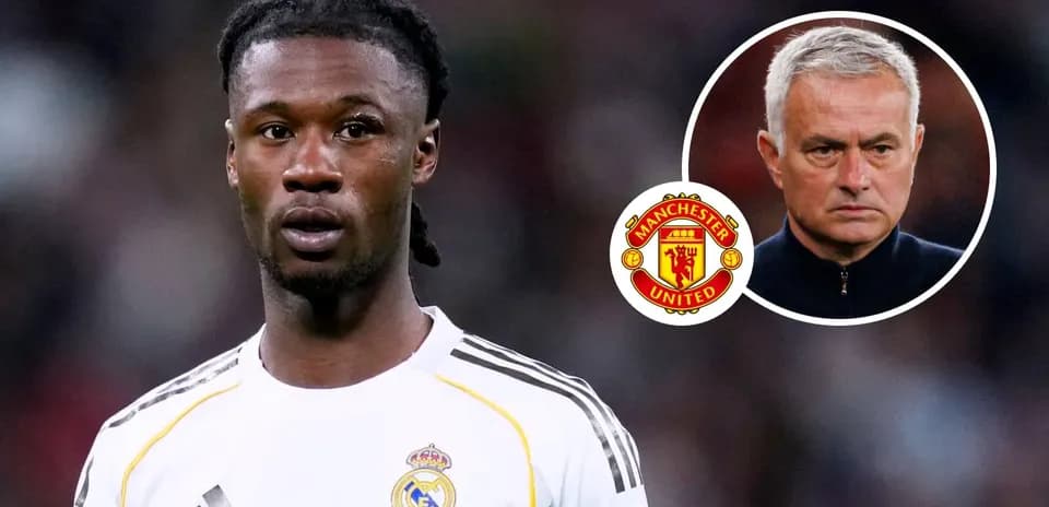 Player in Real Madrid kit with Manchester United logo