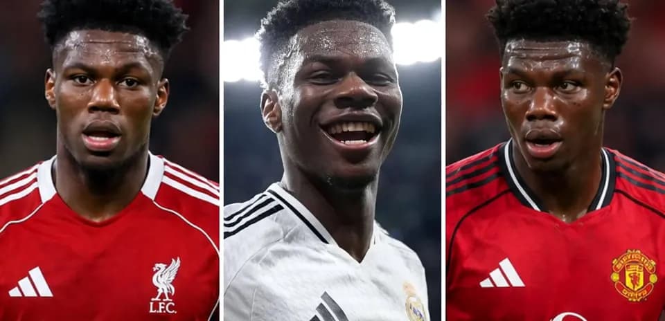 Player in jerseys of Liverpool, Real Madrid, and Manchester United