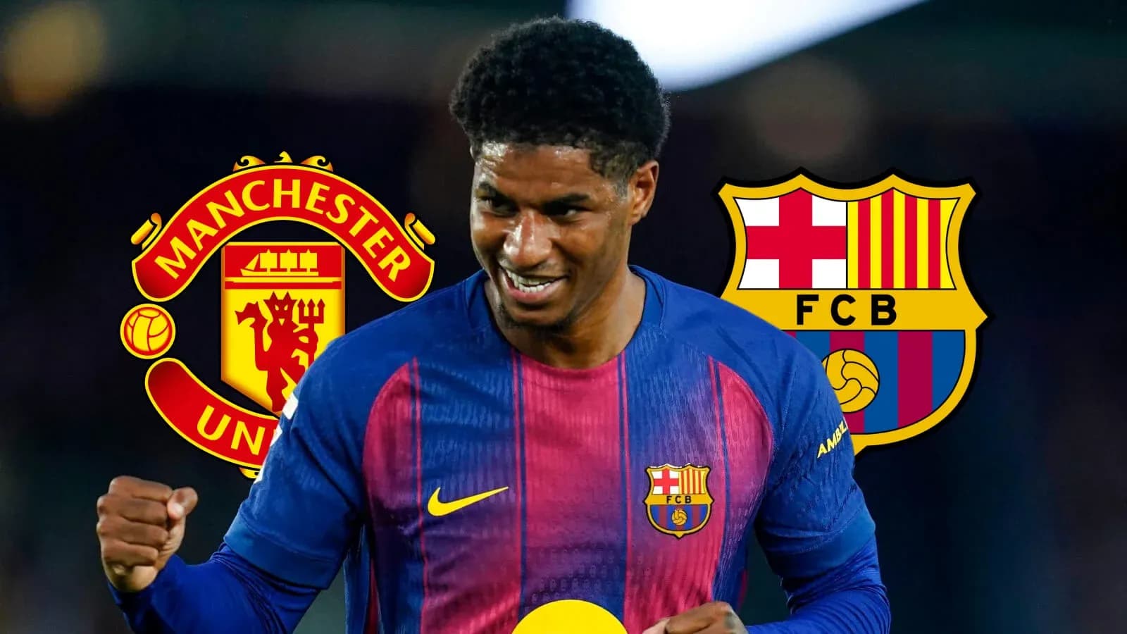 Player celebrating in Barcelona jersey with club logos