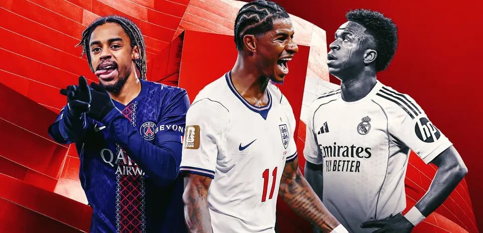 Three football players posing against a red background