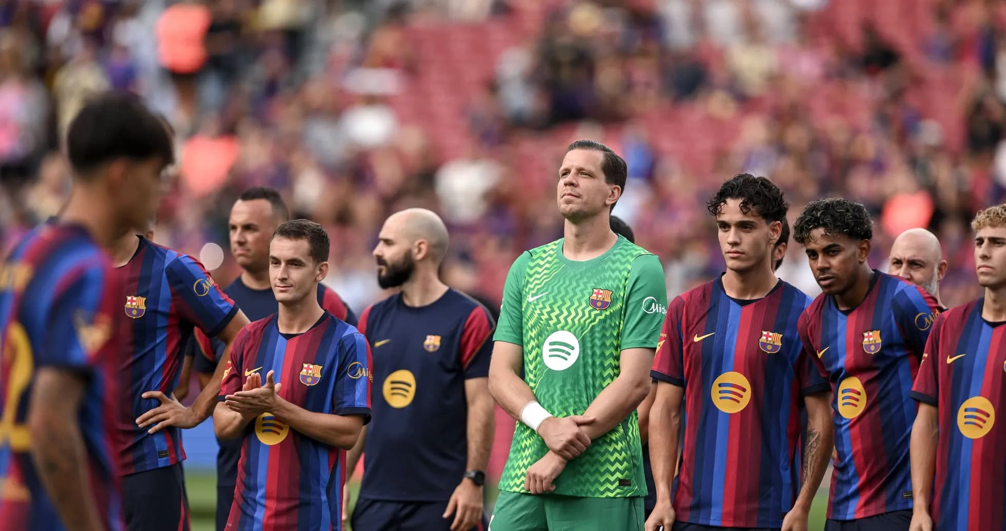 Barcelona players lined up before the match