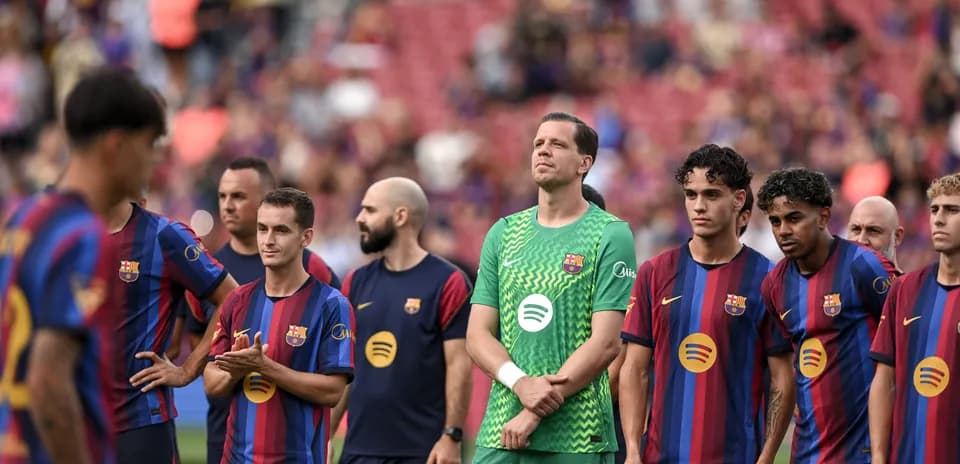 Barcelona players lined up before the match