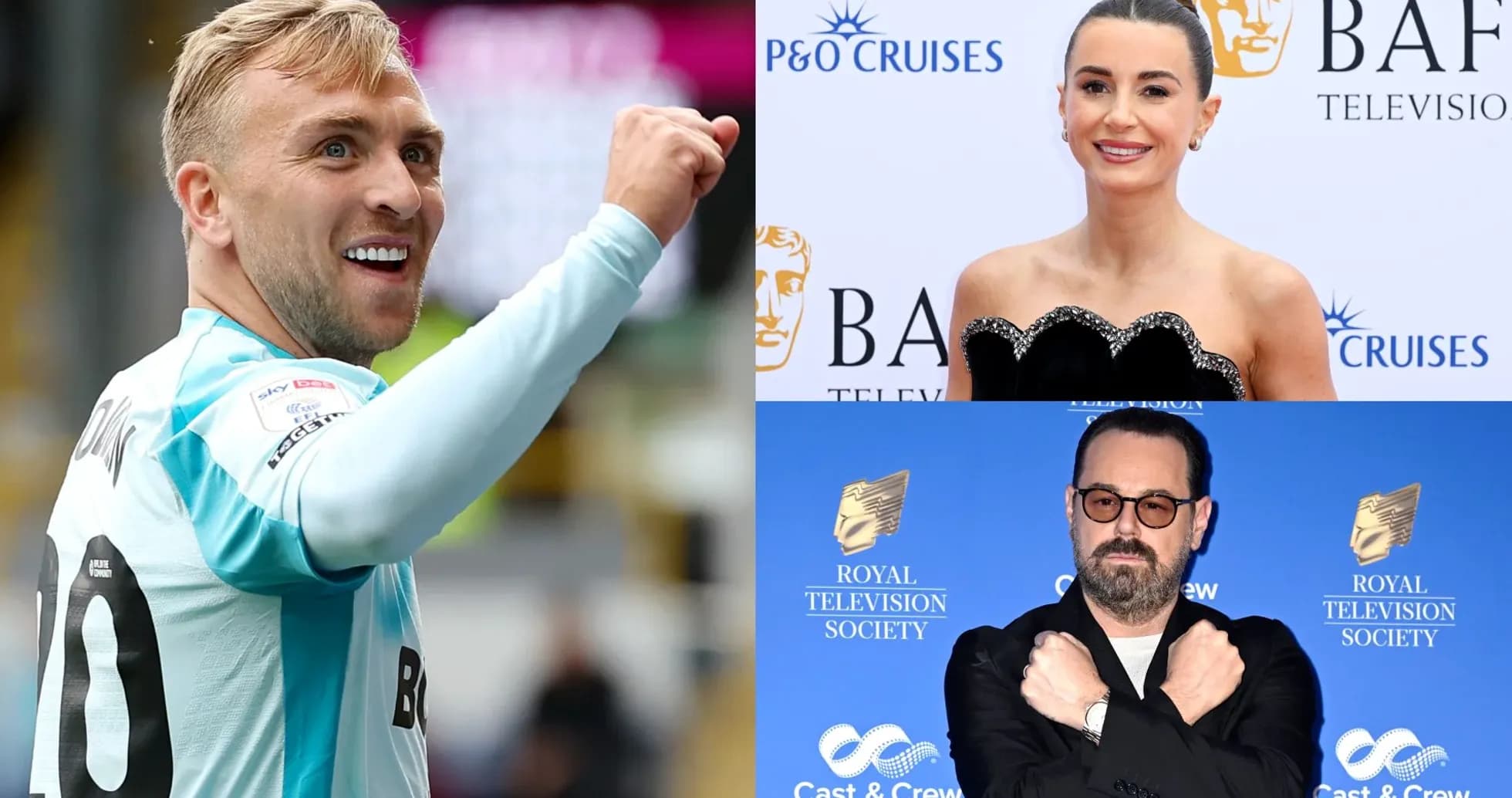Footballer celebrating, actress at BAFTA event, man posing