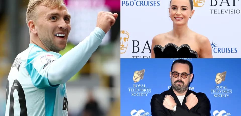 Footballer celebrating, actress at BAFTA event, man posing