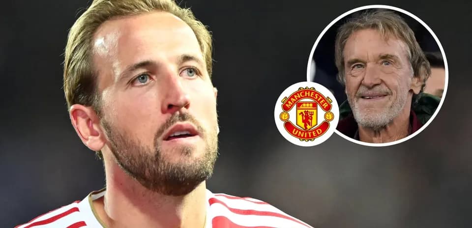 Harry Kane looking thoughtful with Manchester United logo