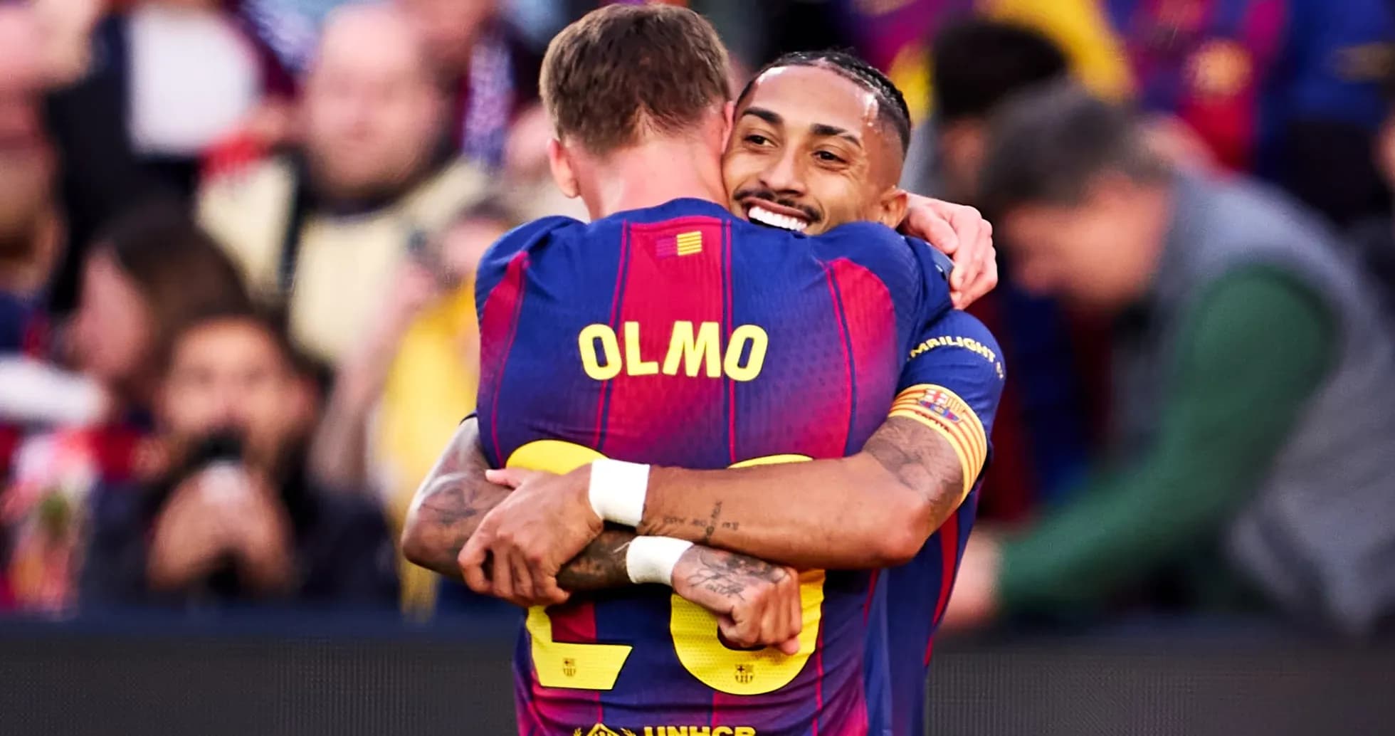 Barcelona players celebrating a goal during match