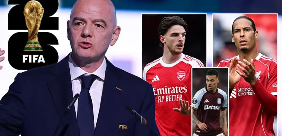 Gianni Infantino speaking with FIFA World Cup logo