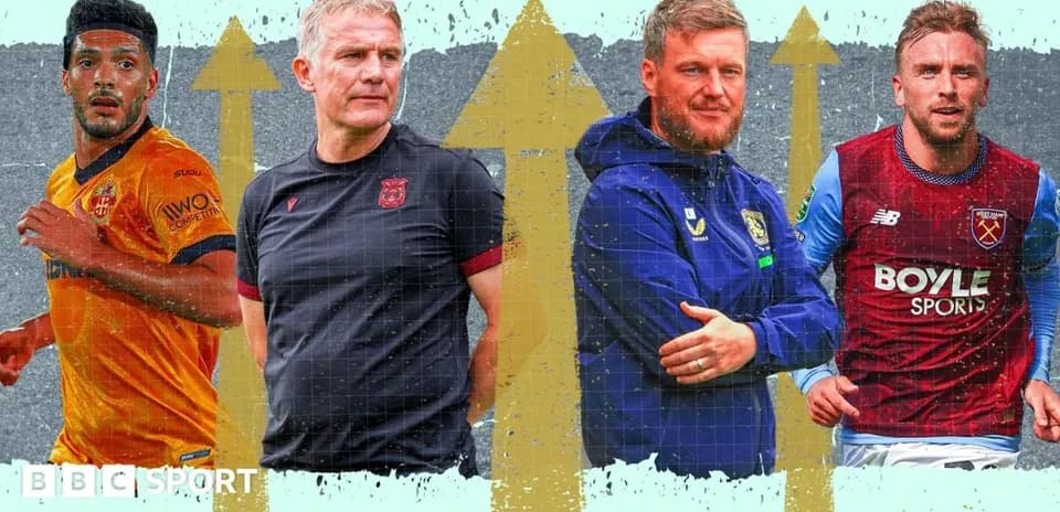 Football players and managers in action poses