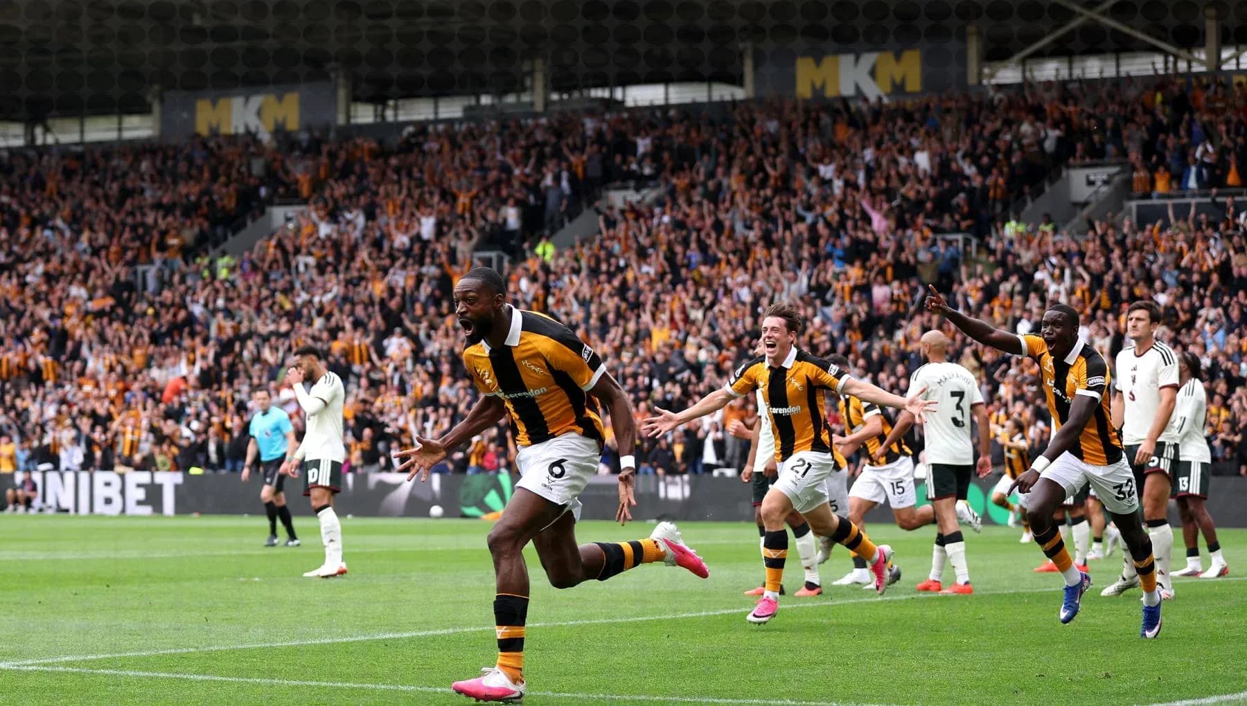 Player celebrating a goal with teammates in stadium