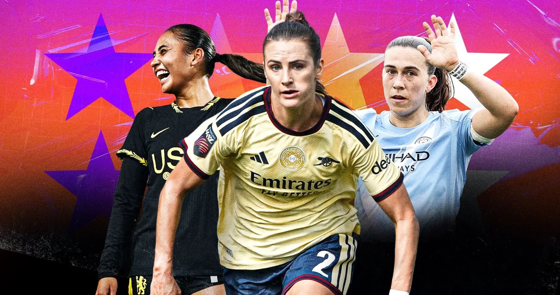 Three female soccer players in action poses