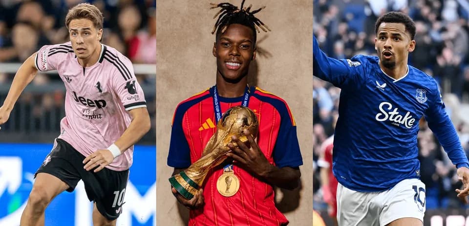 Three football players in action and celebration
