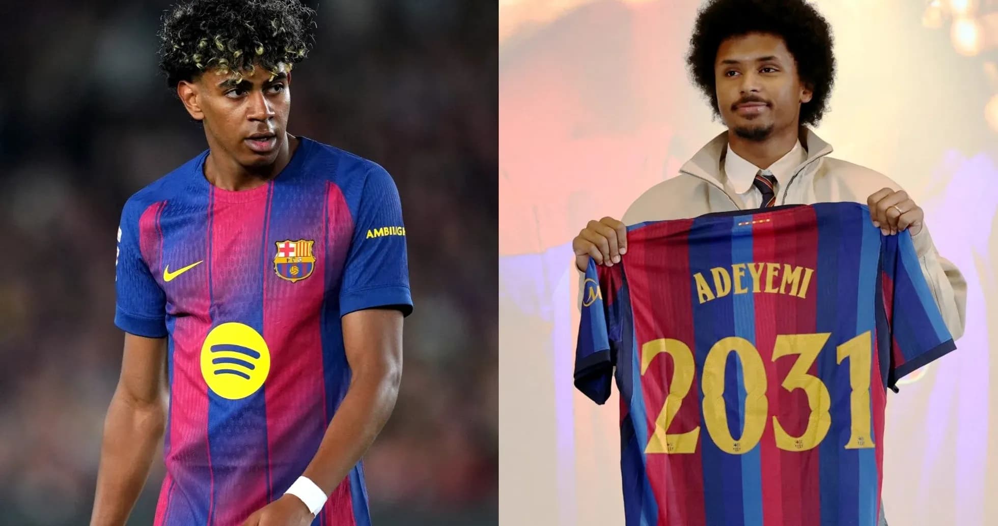 Player in Barcelona kit and new signing holding jersey