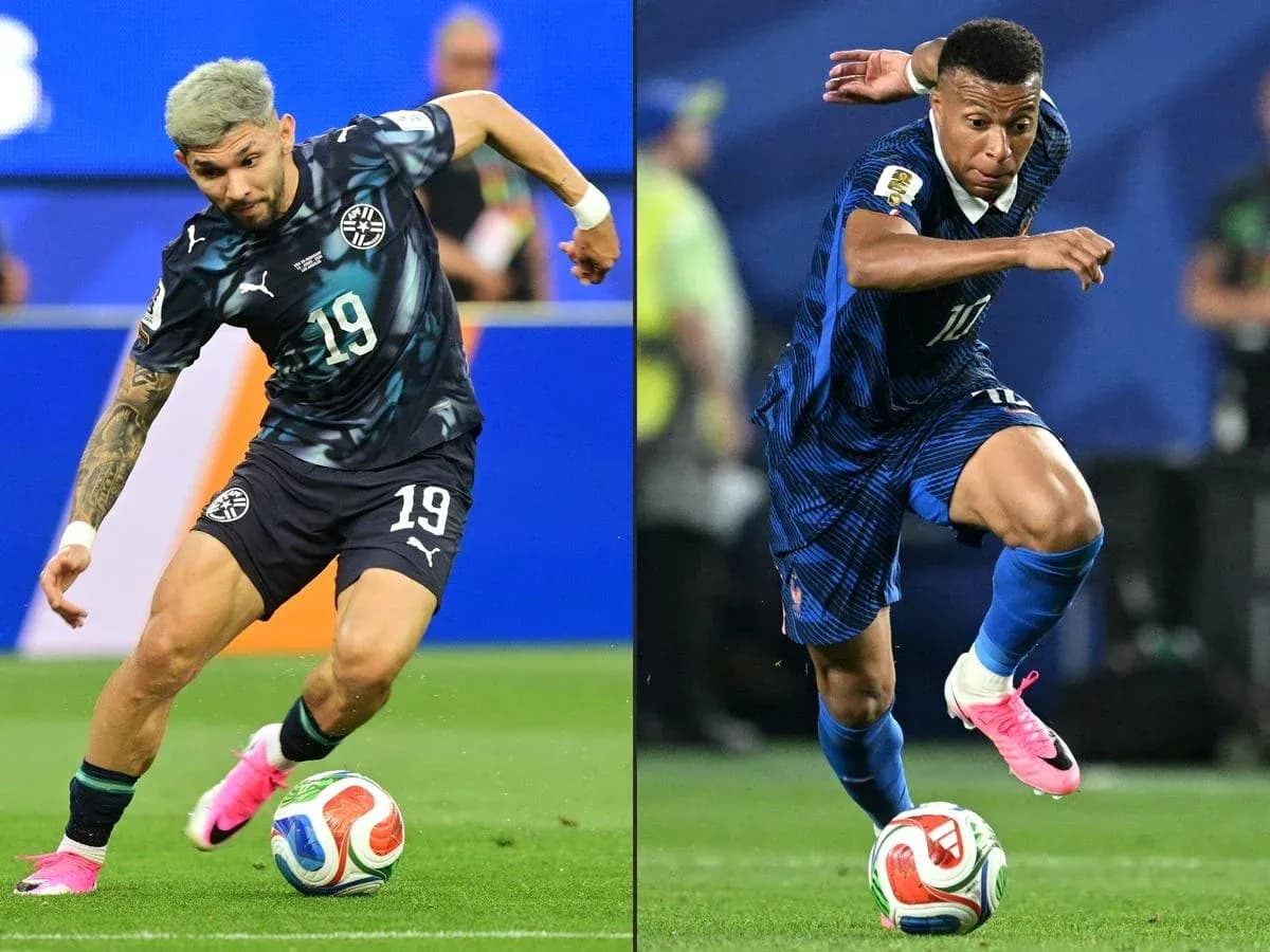 Paraguay and France players competing for the ball