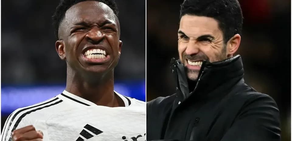 Vinicius Jr. celebrating; Mikel Arteta reacting from sidelines