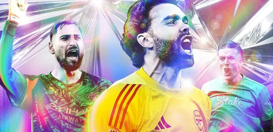 Three goalkeepers celebrating with vibrant background