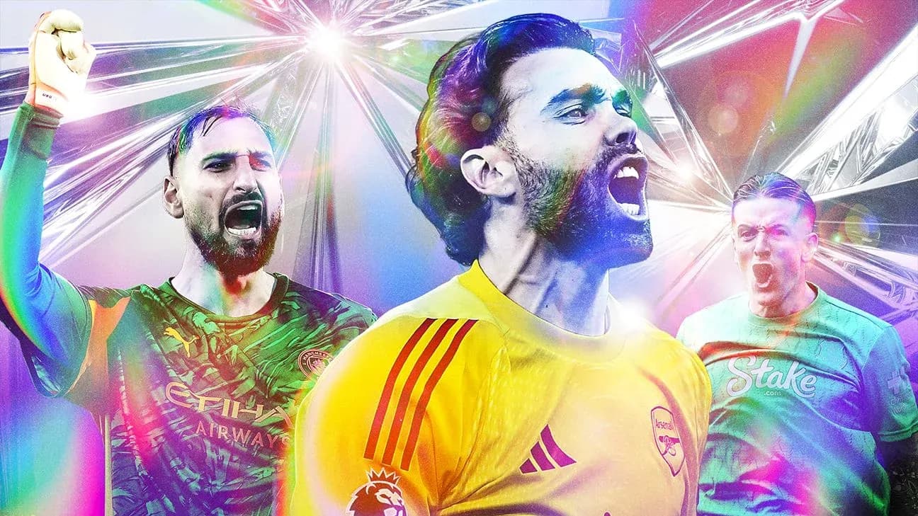 Three goalkeepers celebrating with vibrant background