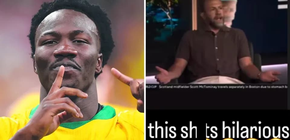 Football player celebrating alongside TV host discussing humor