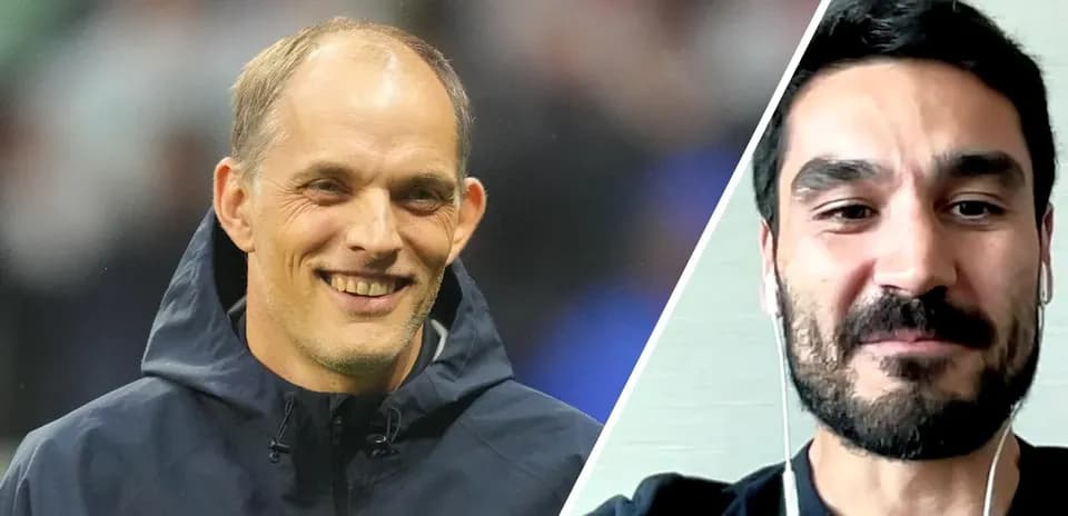 Thomas Tuchel and Ilkay Gundogan smiling in split image