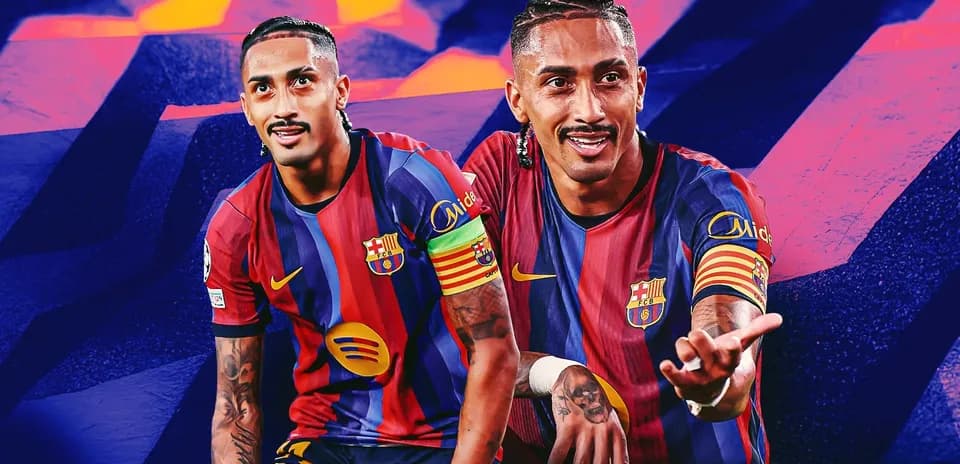 Player in FC Barcelona kit gesturing towards camera
