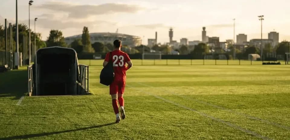 Player in red jersey walking off training pitch