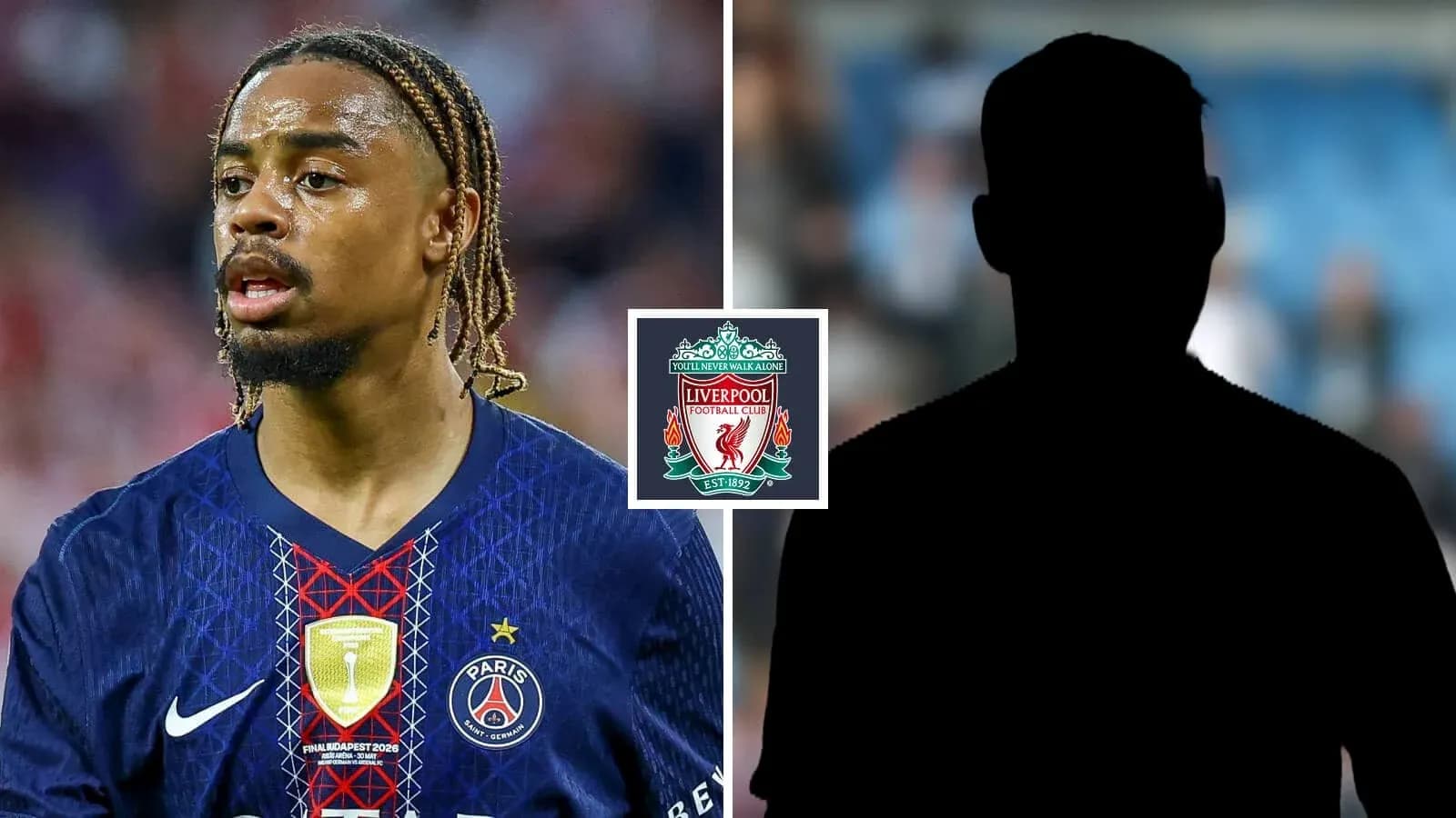 Player from PSG alongside Liverpool logo and silhouette