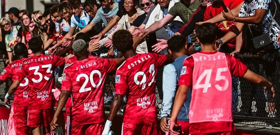 New York Red Bulls players celebrating with fans