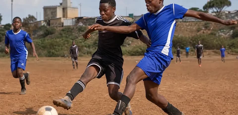 Two players competing for the ball on dirt field